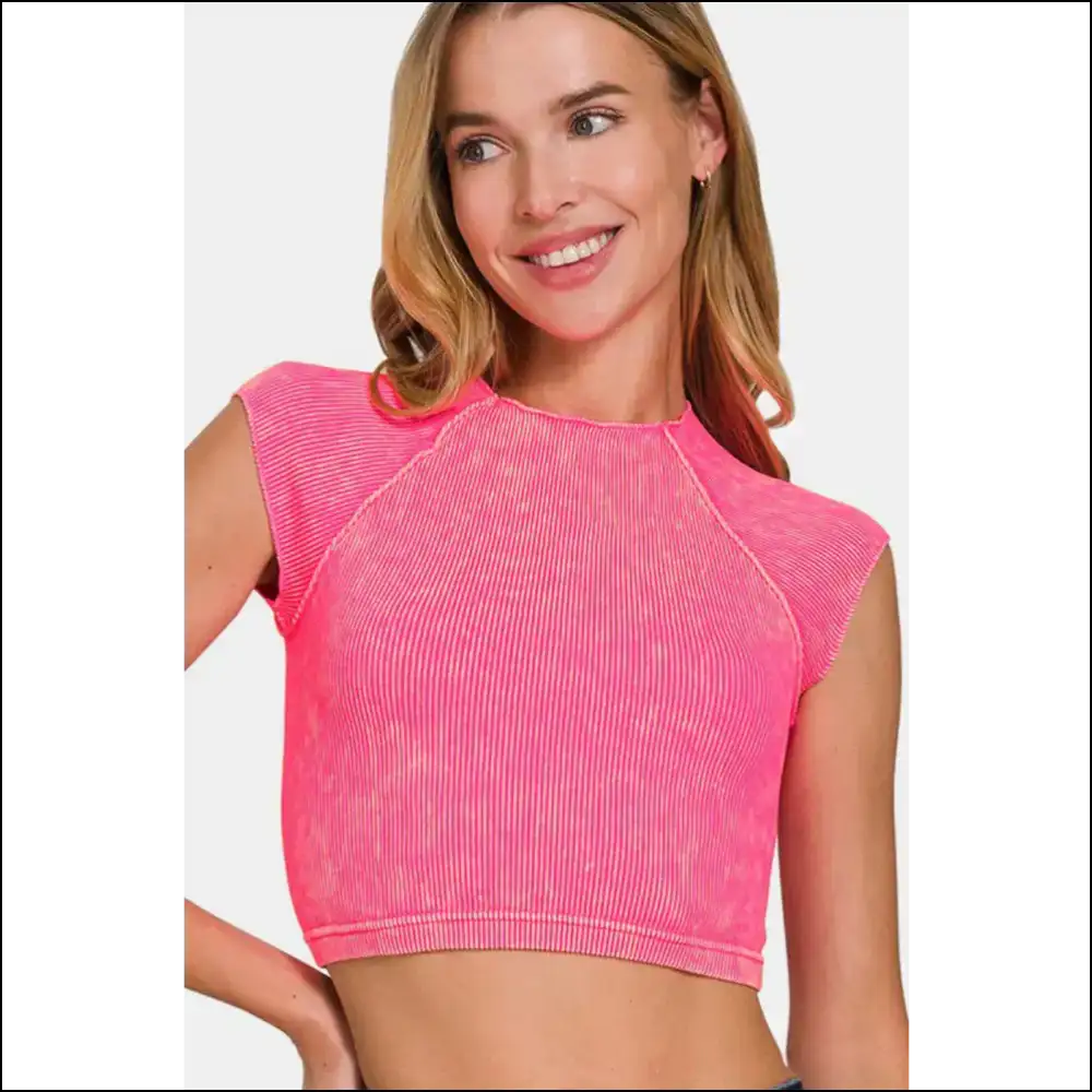 Zenana Ribbed Round Neck Cropped Top - Chic & Stylish - Hot Pink / S/m - Tank Tops on Sale Worldwide Shipping