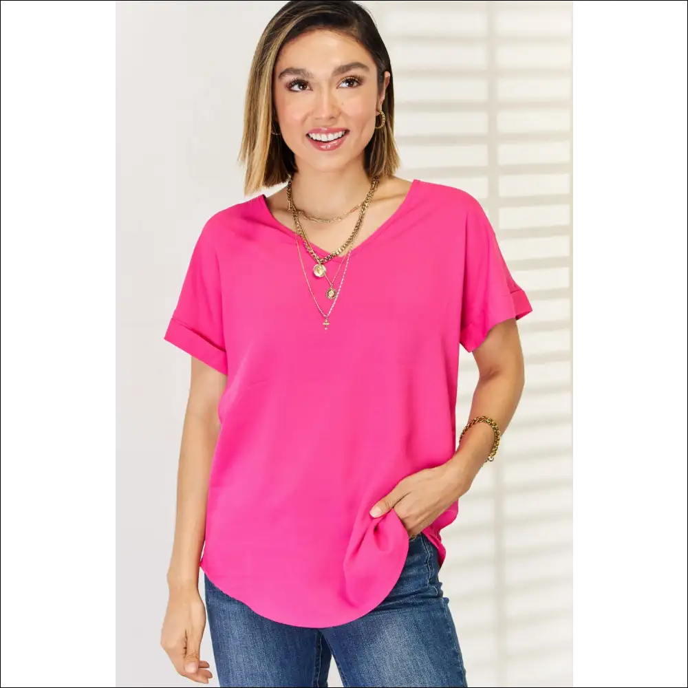 Zenana V-neck Rolled Short Sleeve T-shirt - Hot Pink / l - t Shirts on Sale Worldwide Shipping