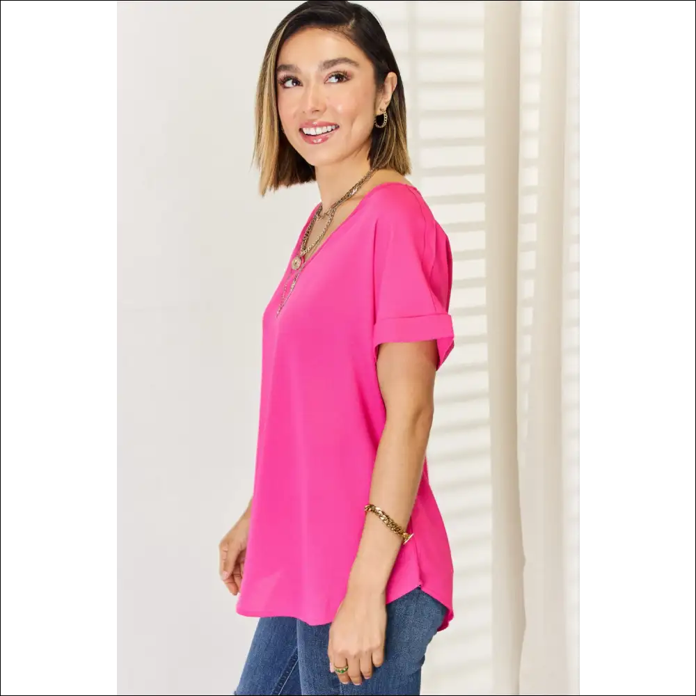 Zenana V-neck Rolled Short Sleeve T-shirt - t Shirts on Sale Worldwide Shipping