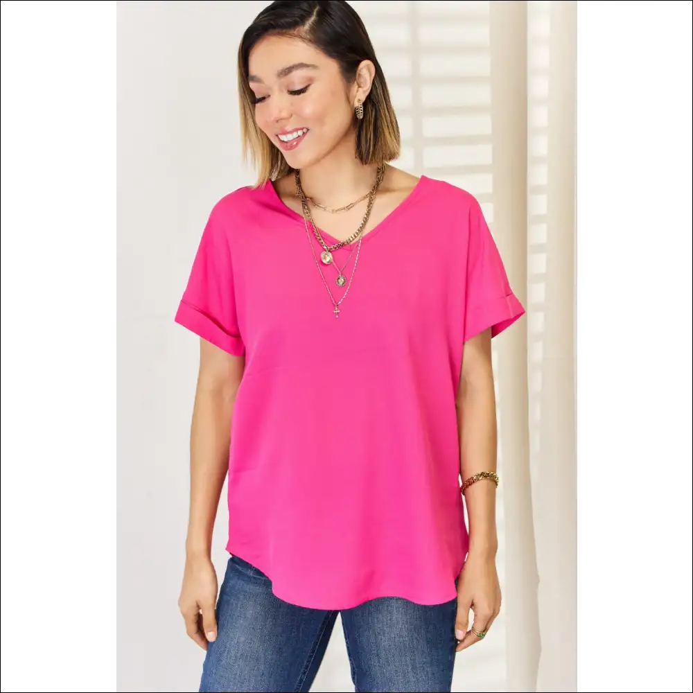 Zenana V-neck Rolled Short Sleeve T-shirt - t Shirts on Sale Worldwide Shipping
