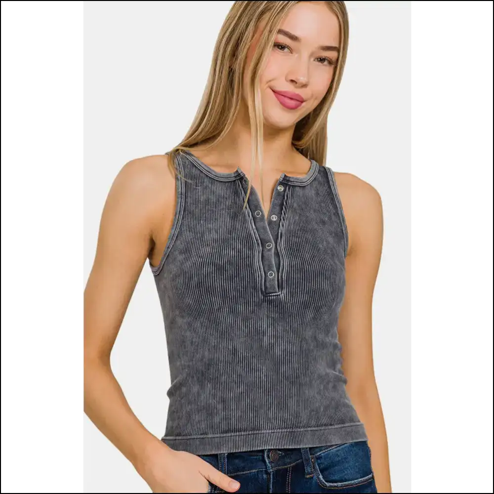 Zenana Washed Ribbed Half Snap Seamless Tank - Tops on Sale Worldwide Shipping