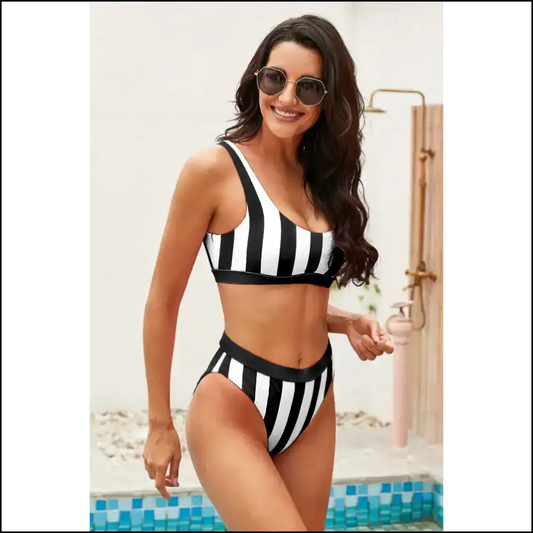Bikini Set Bliss: Strut your Stuff in Retro Striped High Waist Style 😎🌊 - Black / l - Sets