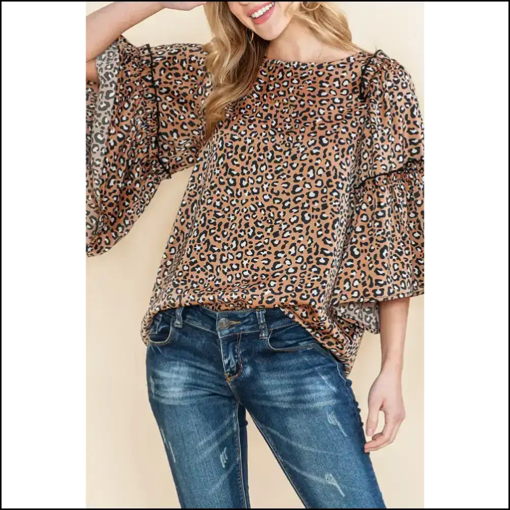 Chestnut Leopard Ruffle Flounce Sleeve: Roar-some Fashion 🐆 Needful Things - s - Blouses
