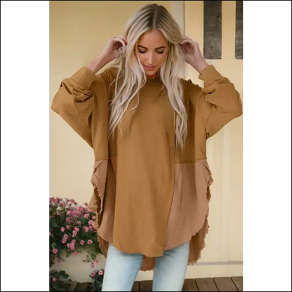 Chic Contrast Texture Long Sleeve Blouse - Blouses