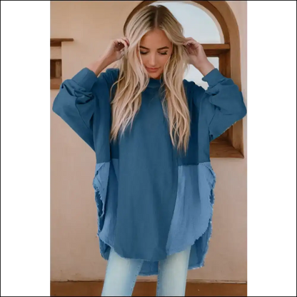 Chic Contrast Texture Long Sleeve Blouse - Peacock Blue / m - Blouses