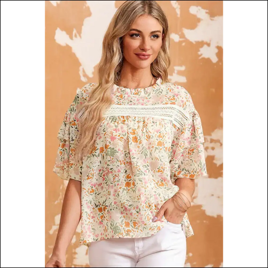 Chic Floral Round Neck Blouse – Effortless Elegance - m - Blouses