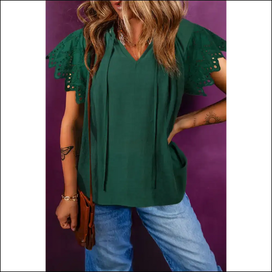 Chic Green Bay Eyelet V-neck Blouse with Playful Tie - s - Blouses