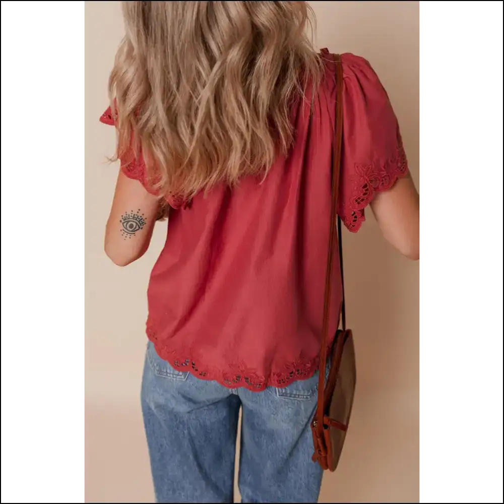 Chic Red Dahlia Floral Embroidered Blouse - Blouses