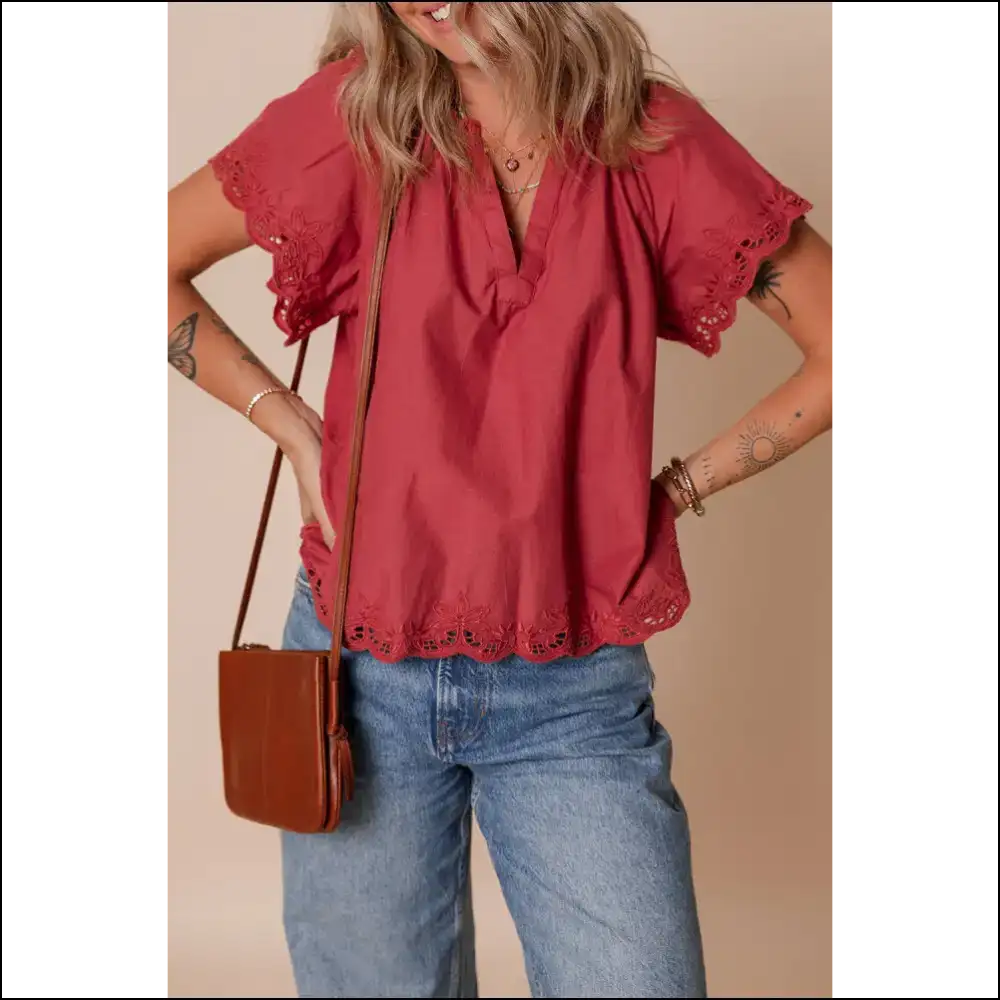 Chic Red Dahlia Floral Embroidered Blouse - Blouses