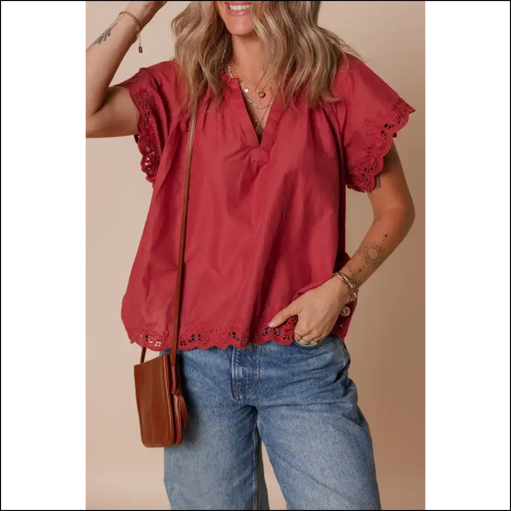Chic Red Dahlia Floral Embroidered Blouse - Blouses