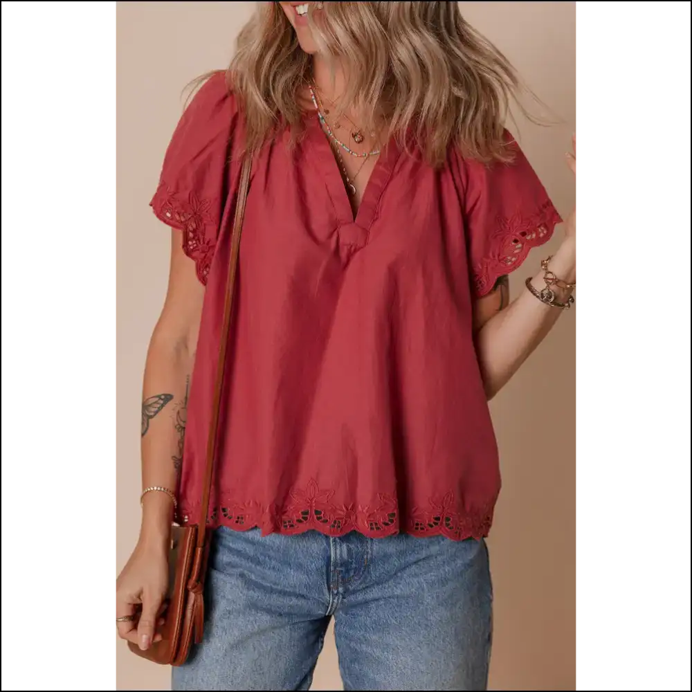 Chic Red Dahlia Floral Embroidered Blouse - s - Blouses