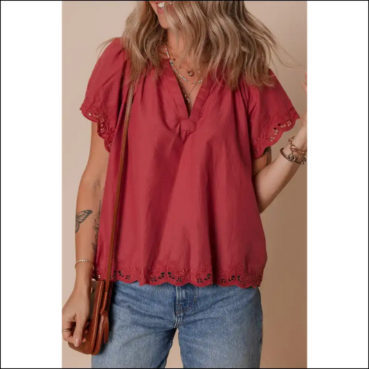 Chic Red Dahlia Floral Embroidered Blouse - s - Blouses