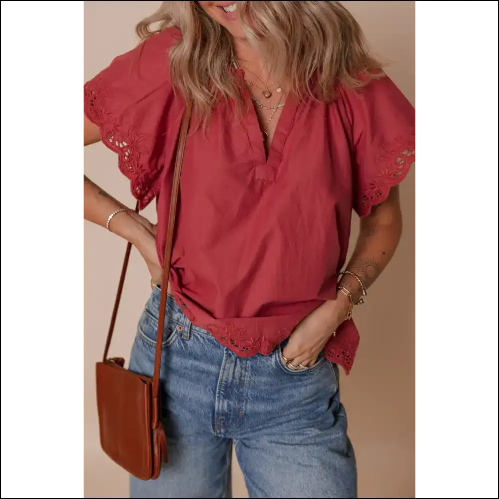Chic Red Dahlia Floral Embroidered Blouse - Blouses