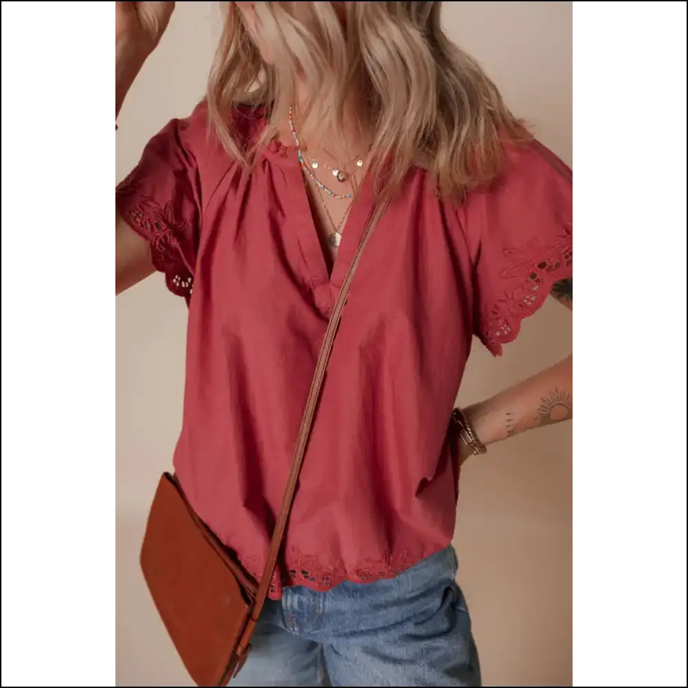 Chic Red Dahlia Floral Embroidered Blouse - Blouses