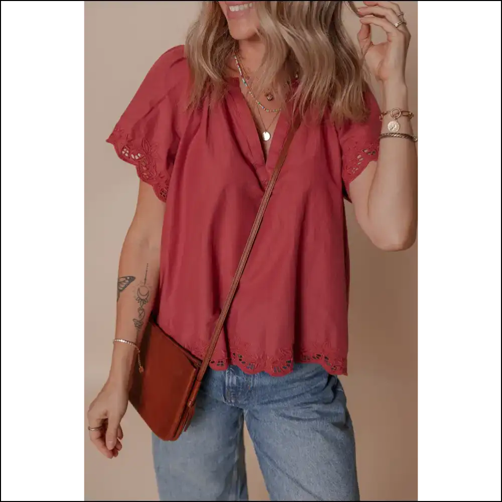 Chic Red Dahlia Floral Embroidered Blouse - Blouses