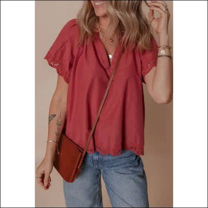 Chic Red Dahlia Floral Embroidered Blouse - Blouses