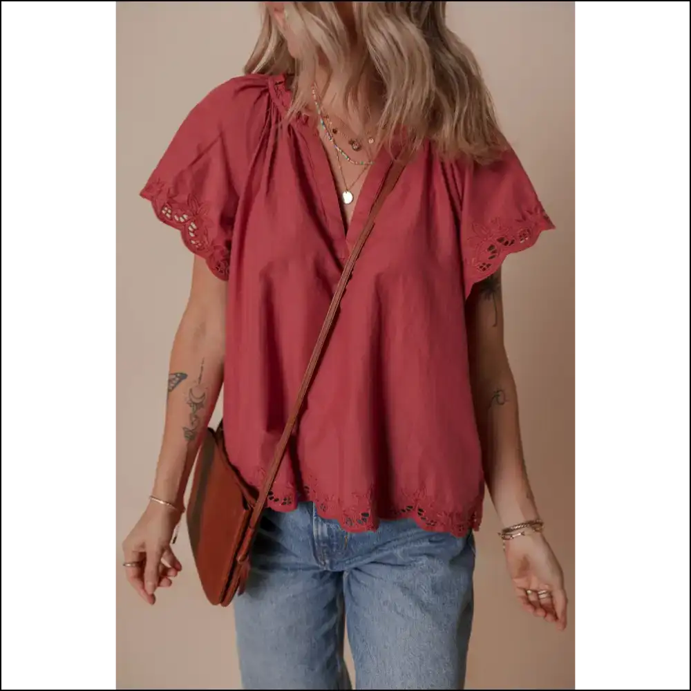 Chic Red Dahlia Floral Embroidered Blouse - Blouses