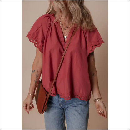 Chic Red Dahlia Floral Embroidered Blouse - Blouses