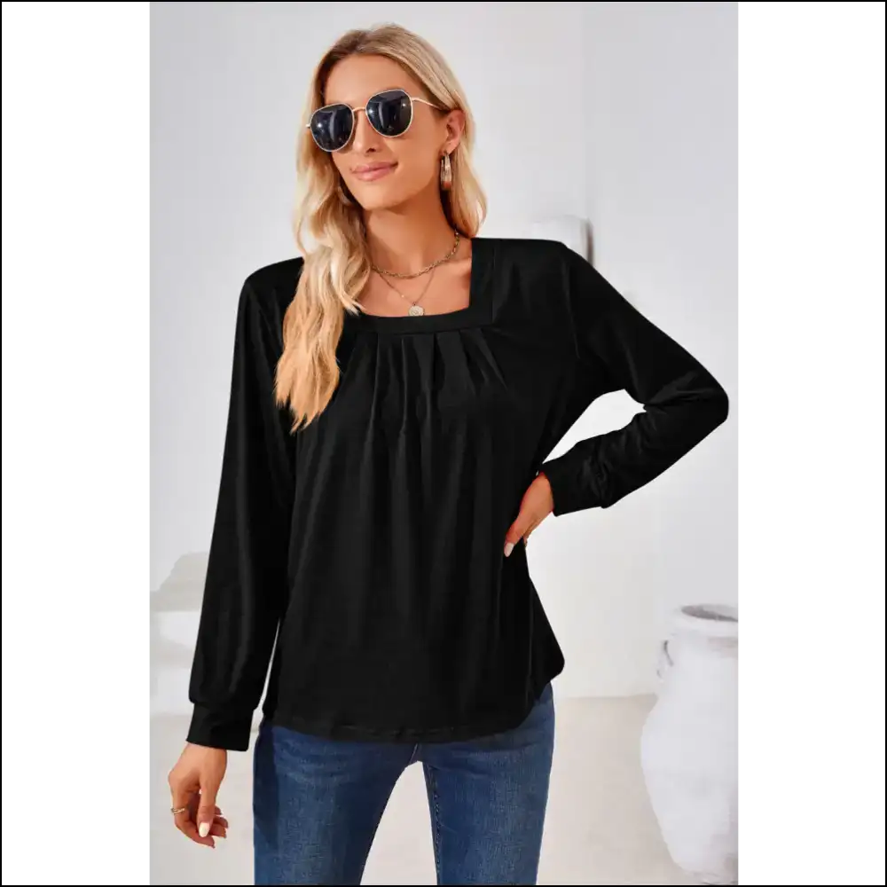 Chic Square Neck Ruched Long Sleeve Blouse - Black / s - Blouses