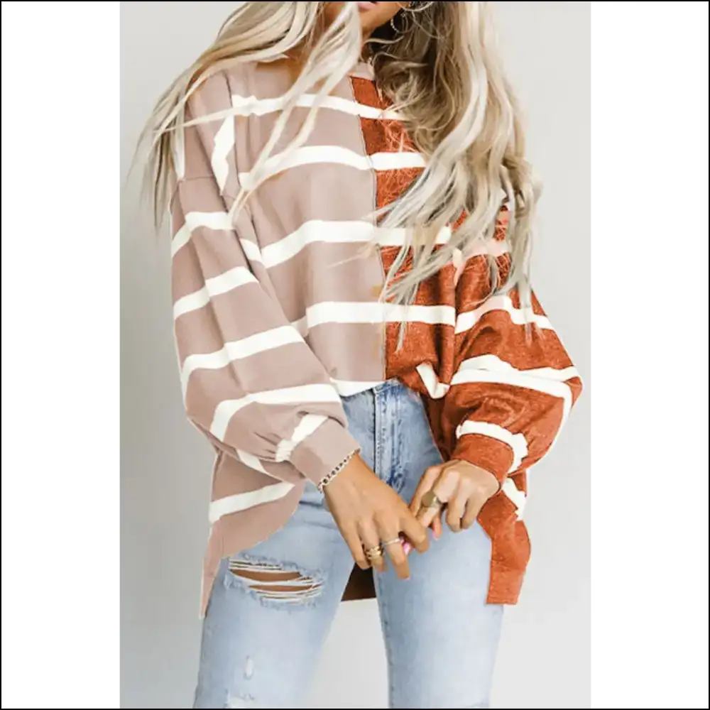 Dropped Shoulder Bliss: Chic Striped Style for the Comfortably Unhinged! 😜 - Brown / s - Blouses