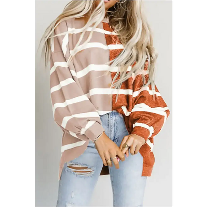Dropped Shoulder Bliss: Chic Striped Style for the Comfortably Unhinged! 😜 - Brown / s - Blouses