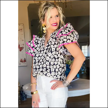 Needful Things: Black Contrast Floral Blouse - Unleash your Inner Goddess 😈 - Blouses