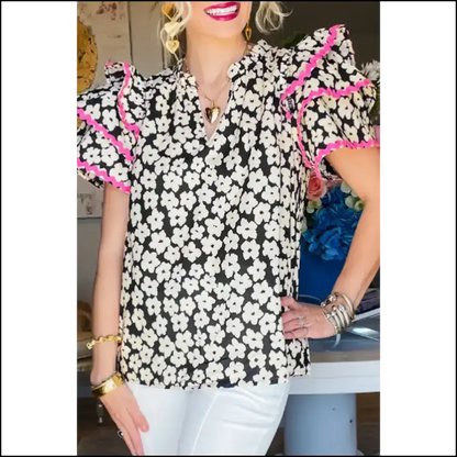Needful Things: Black Contrast Floral Blouse - Unleash your Inner Goddess 😈 - s - Blouses