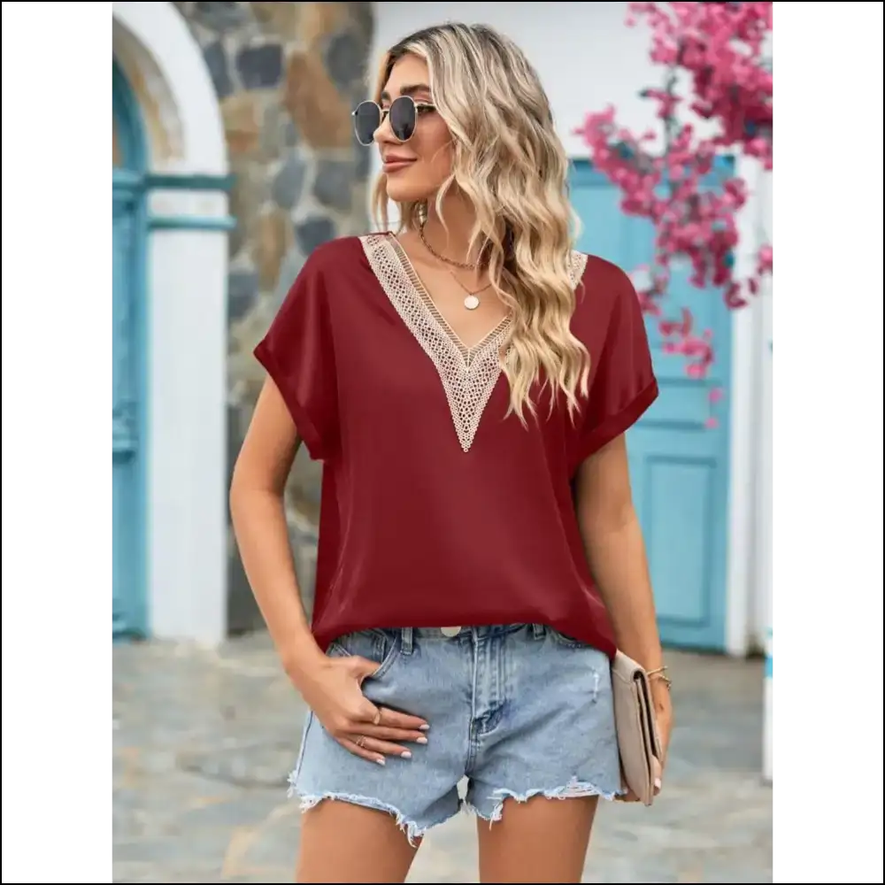Mandy V-neck Cuffed Blouse - Effortlessly Chic - Burgundy / s - Blouses