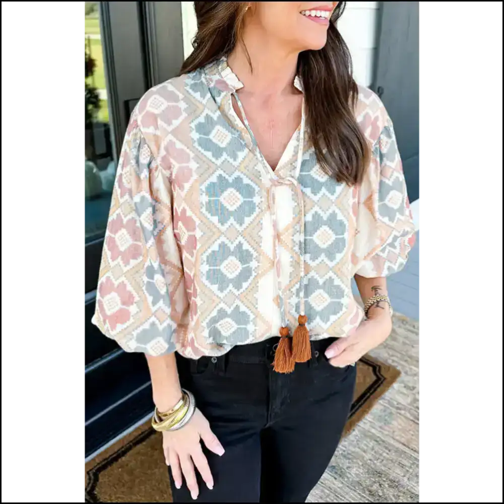 Khaki Geometric Print: Blouse so Good It’s Practically Magic ✨ - s - Blouses