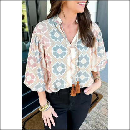 Khaki Geometric Print: Blouse so Good It’s Practically Magic ✨ - s - Blouses