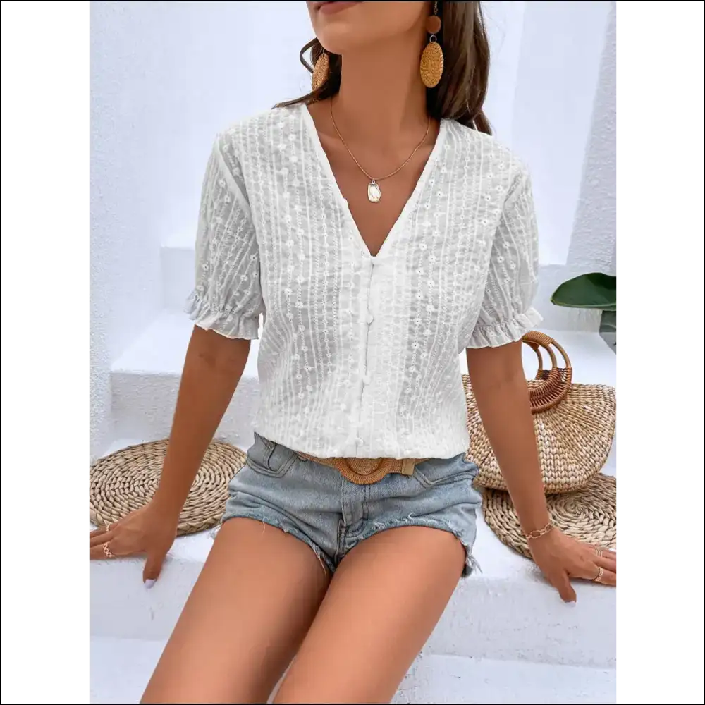 Chic Honey Buttoned V-neck Flounce Sleeve Top - Blouses