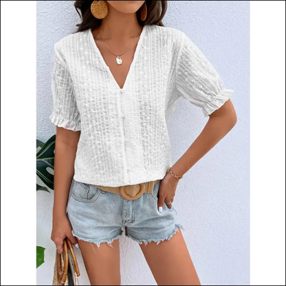 Chic Honey Buttoned V-neck Flounce Sleeve Top - Blouses