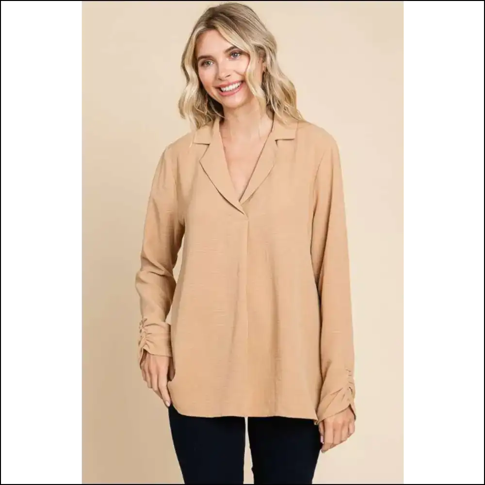 Culture Code Chic Ruched Long Sleeve Blouse - Sand / m - Blouses