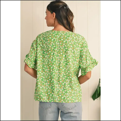 Green Floral Ruffle Sleeve v Neck Blouse: Prepare for Compliments 💚 - Blouses