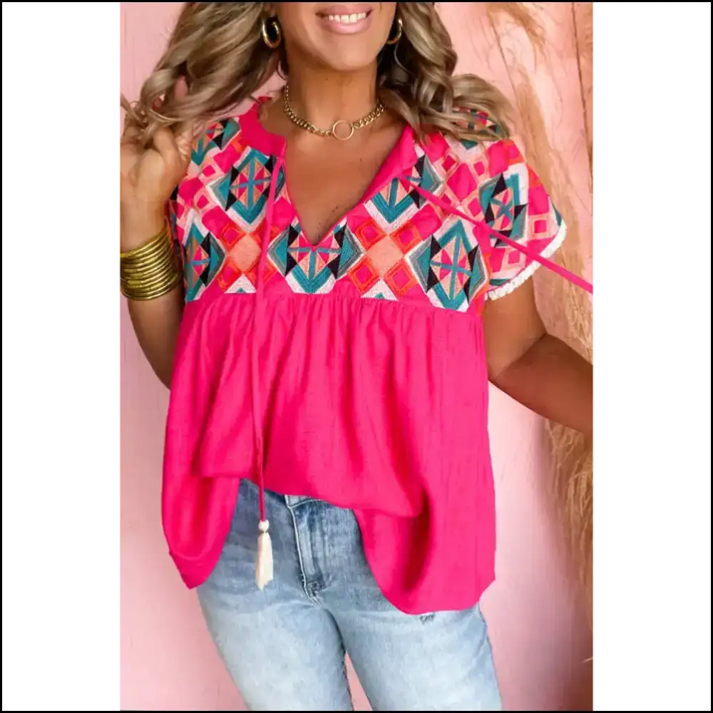 Strawberry Pink Geometric: so Cute it Hurts 🍓 Needful Things Tassel Tie! - s - Blouses