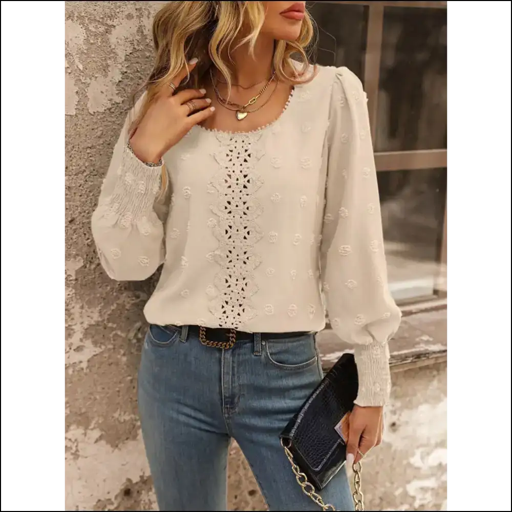 Swiss Dot Lace Detail Blouse - Effortless Elegance - Tan / m - Blouses