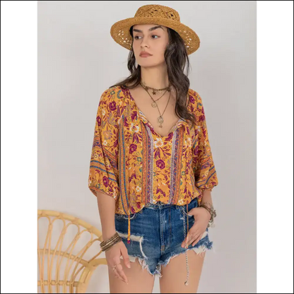 Bohemian Tie Neck Blouse - Chic Tropical Elegance - Blouses