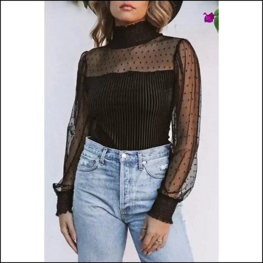 Dotty Puff Sleeve Sheer Bodysuit: i Slay! 😈 Needful Things - Black / s - Bodysuit