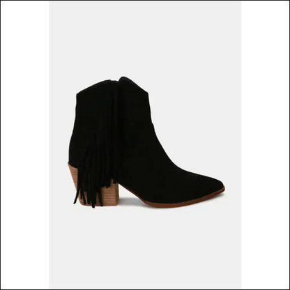 Bohemian Suede Fringe Point Toe Ankle Boots - Black / 6