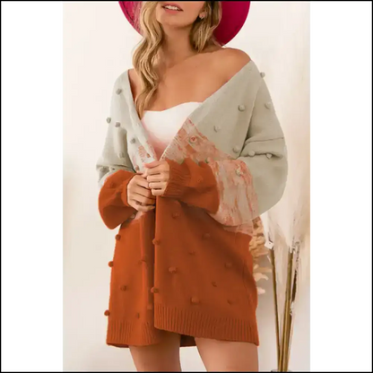 Brown Color Block Pompom Cardi: Spill Tea! s Cardigans