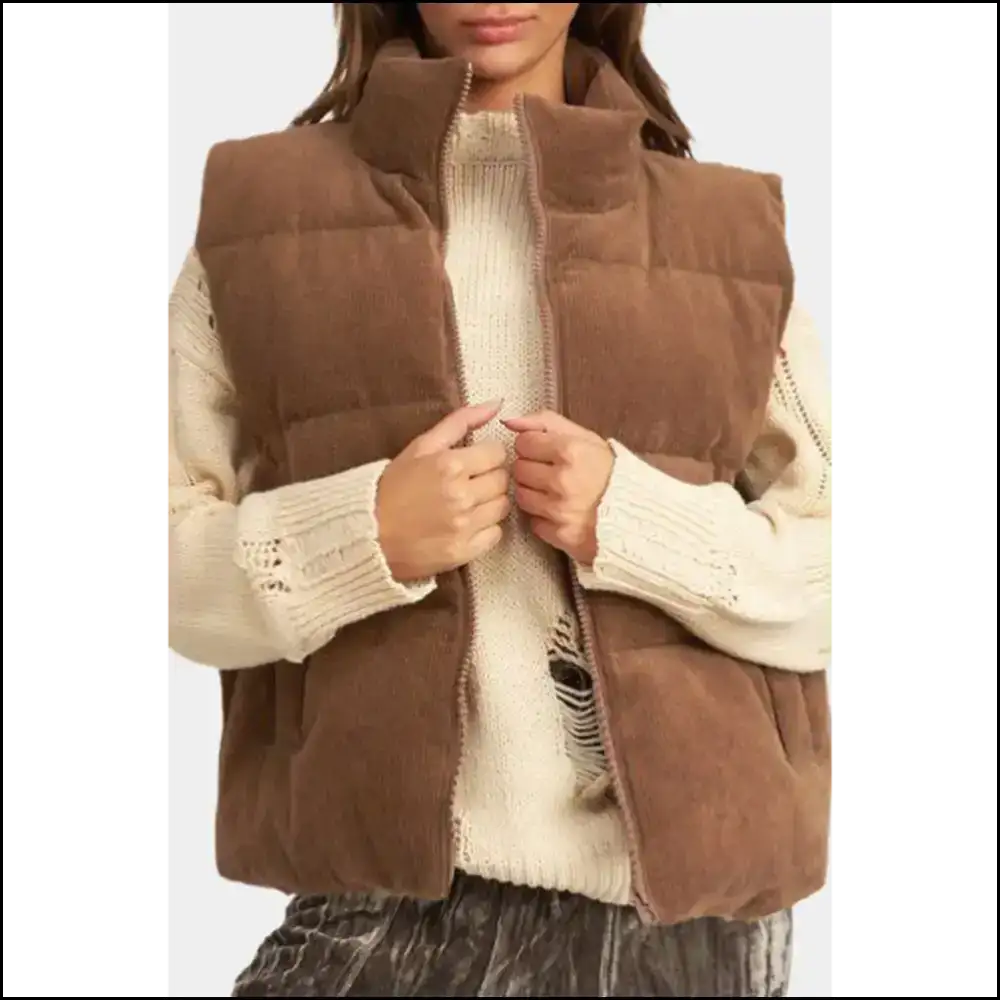 Jungle Green Corduroy Puffer Vest: Ironic Warmth from Needful Things 😂 - Coffee / s - Coats