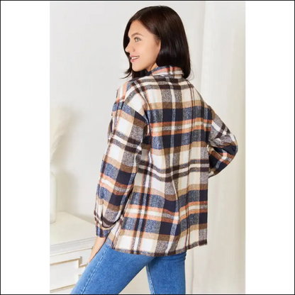 Double Take Plaid Button Front Shirt Jacket Coats