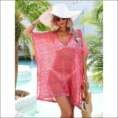 Angel Wings Slit Openwork V-neck Cover Up - Hot Pink / one Size - Cover-ups
