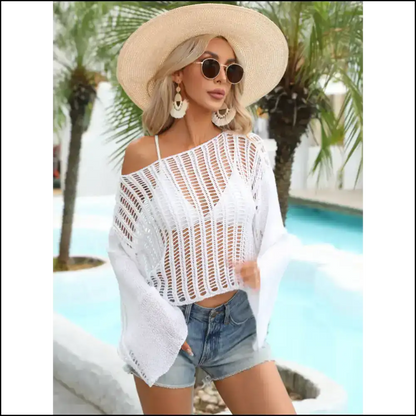 Chic Openwork Boat Neck Long Sleeve Cover Up - Cover-ups