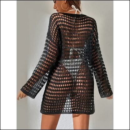 Chic Openwork Boat Neck Long Sleeve Cover-up - Cover-ups