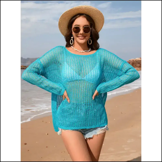 Chic Openwork Slit Boat Neck Long Sleeve Cover-up - Aqua / m - Cover-ups