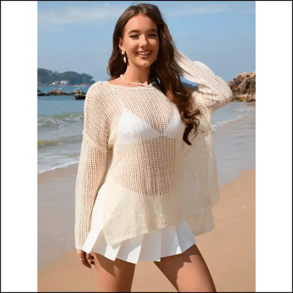 Chic Openwork Slit Boat Neck Long Sleeve Cover-up - Cream / Xl - Cover-ups