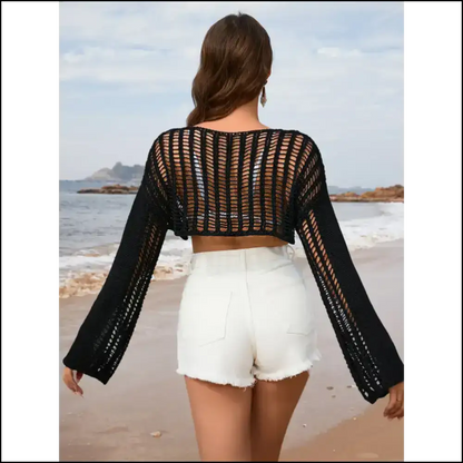Openwork Boat Neck Long Sleeve Cover-up - Cover-ups