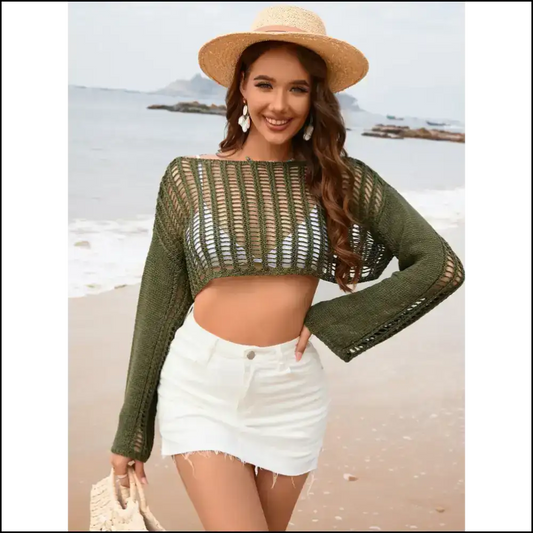 Openwork Boat Neck Long Sleeve Cover-up - Green / m - Cover-ups