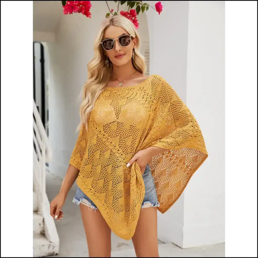 Openwork Boat Neck Shawl Cover-up - Mustard / s - Cover-ups